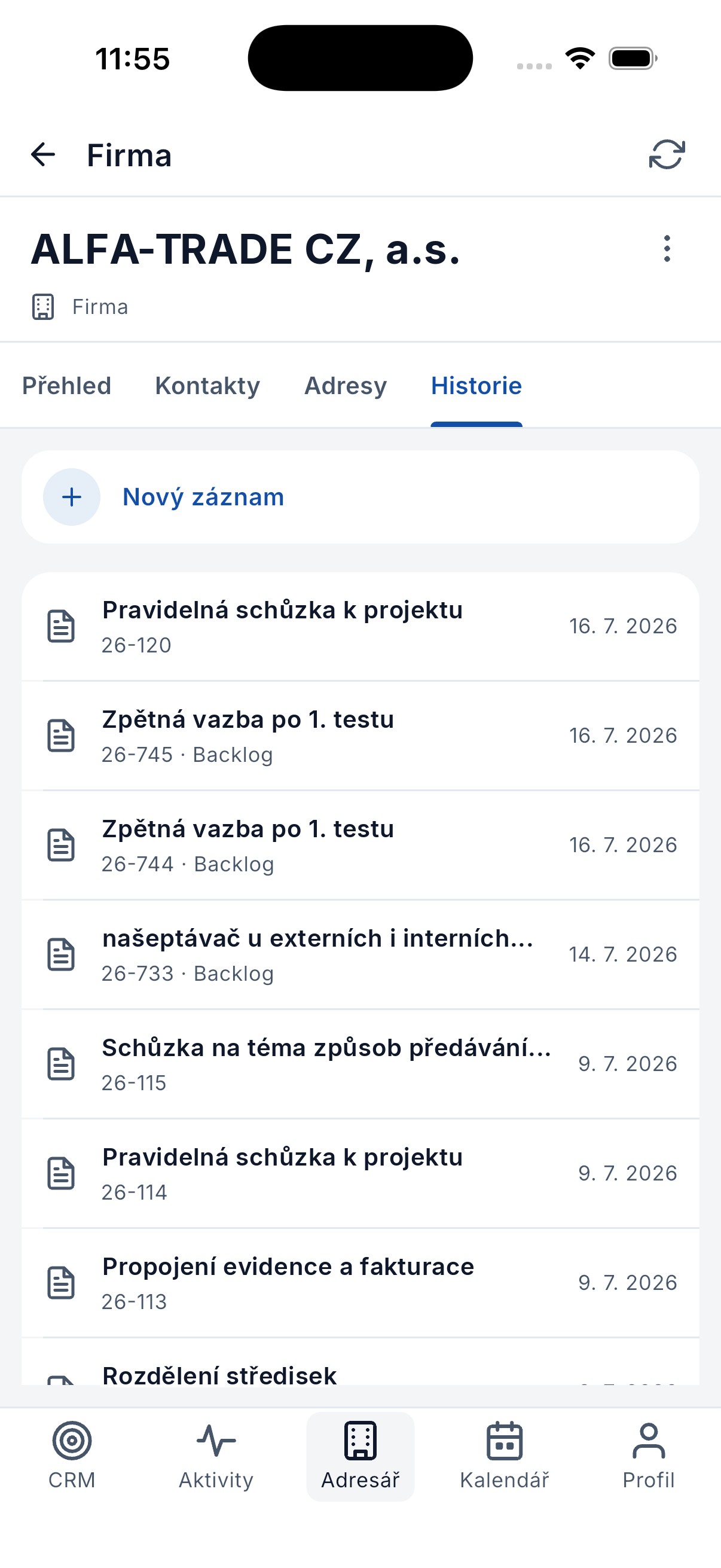 Historie záznamů u zákazníka v mobilní aplikaci ADAPTY CRM.