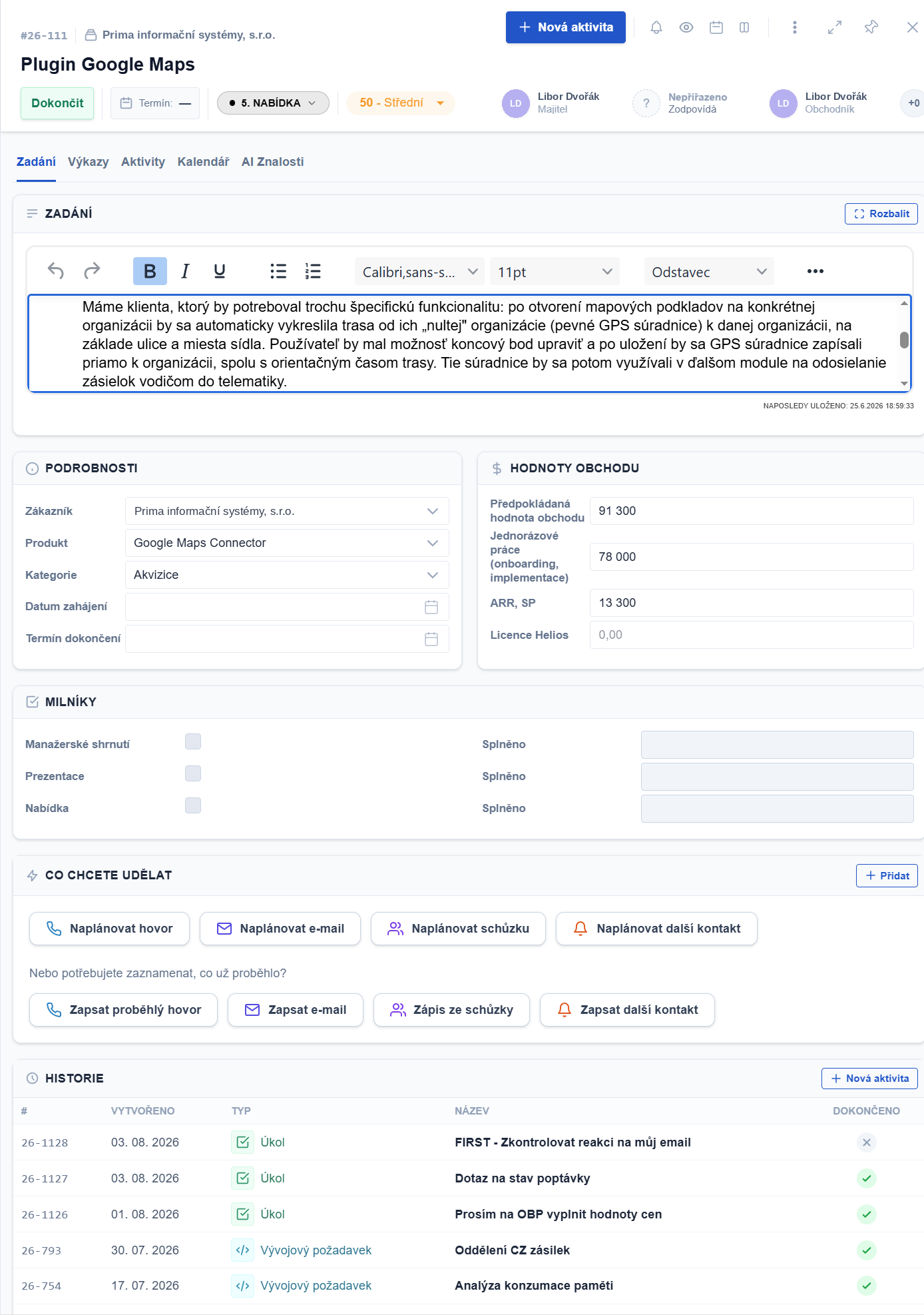 Přehled obchodního případu v ADAPTY CRM