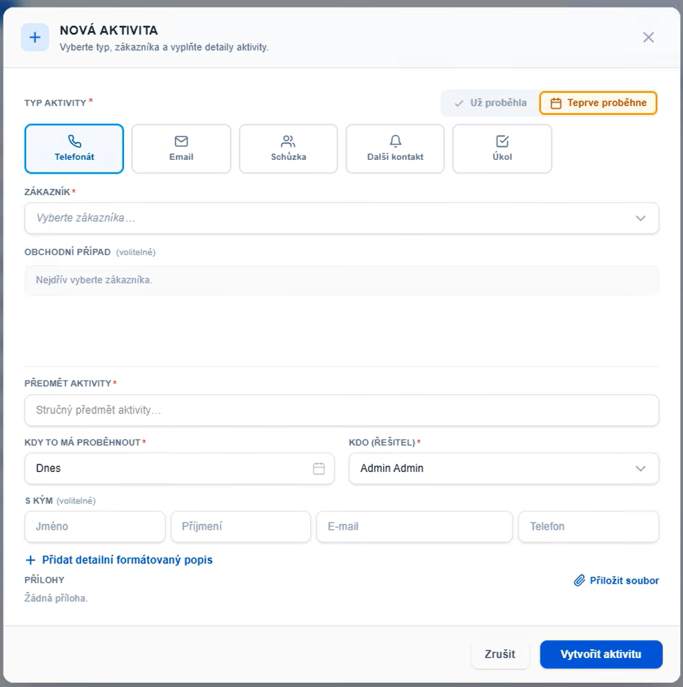 Dialog založení nové aktivity v ADAPTY CRM — typ aktivity, zákazník, obchodní případ, termín, řešitel a kontaktní osoba