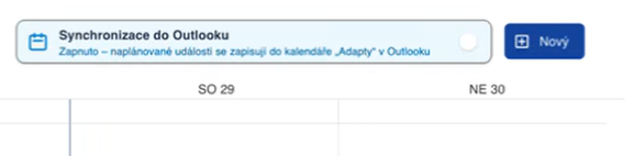 Přepínač synchronizace kalendáře ADAPTY do Outlooku — naplánované události se zapisují do kalendáře Adapty v Outlooku