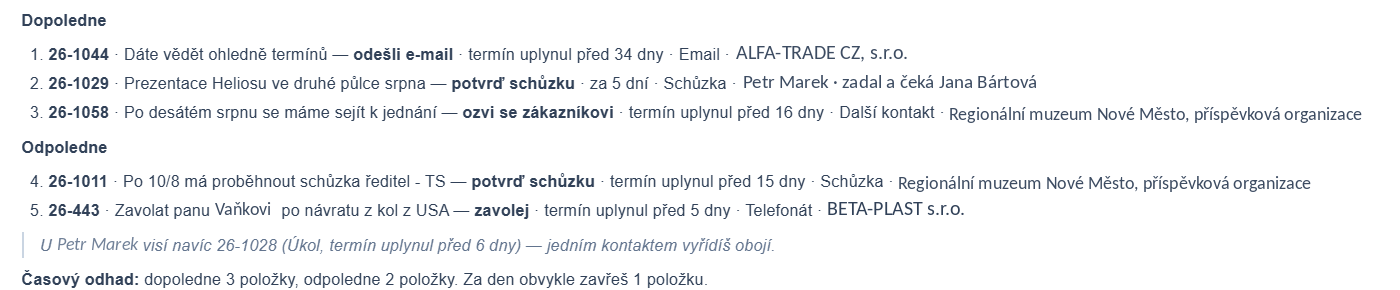 Denní plán obchodníka v ADAPTY — co udělat dopoledne a odpoledne, u koho uplynul termín a časový odhad na den