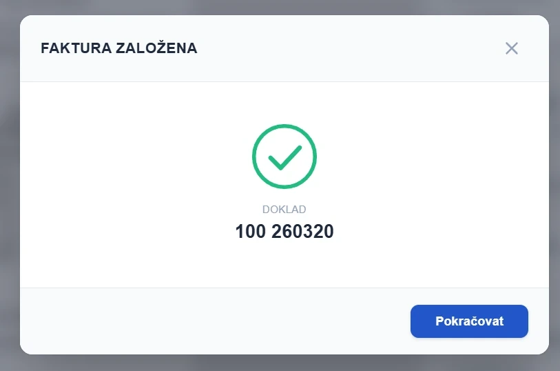 Potvrzení založení přijaté faktury s číslem dokladu v ERP.