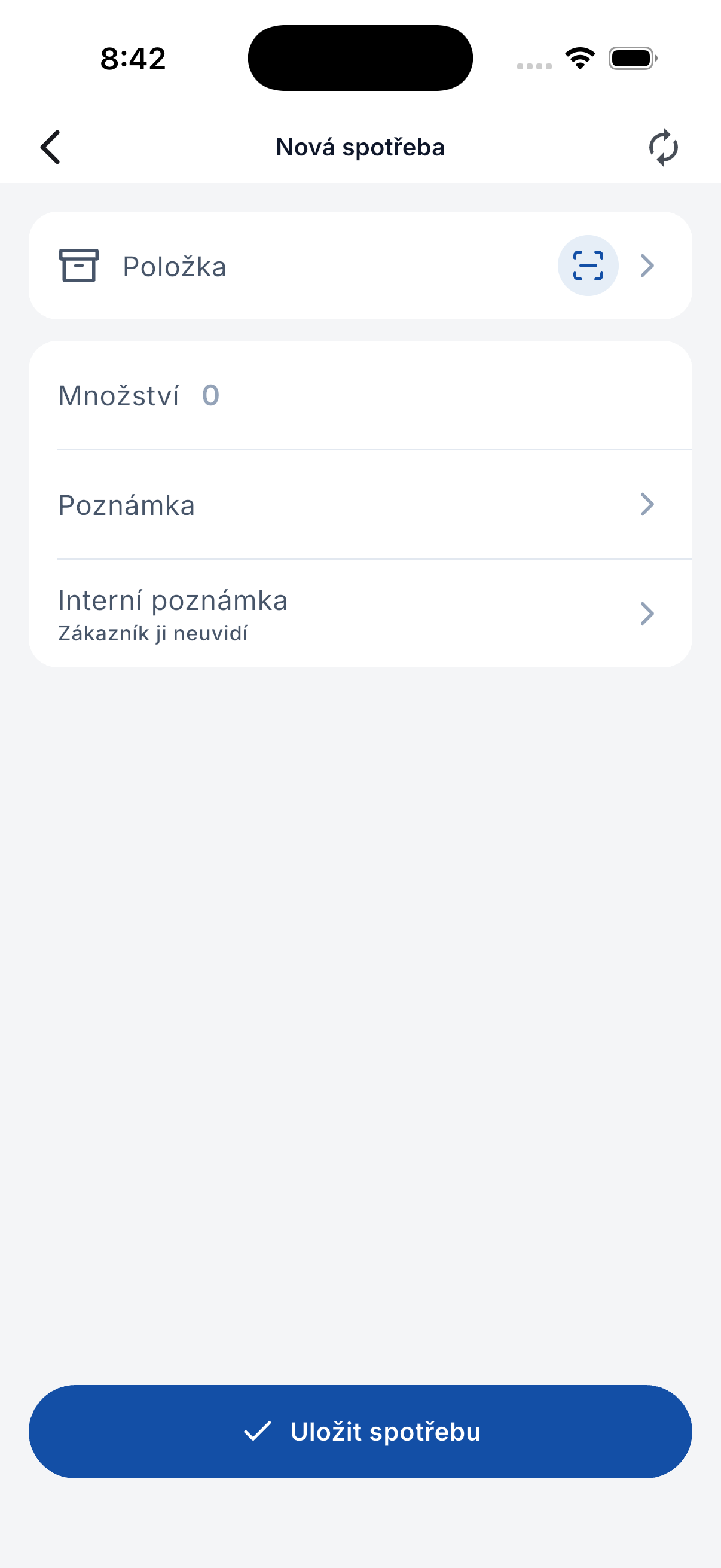 Zadání spotřeby materiálu v ADAPTY: položka, množství, poznámka a interní poznámka skrytá zákazníkovi.