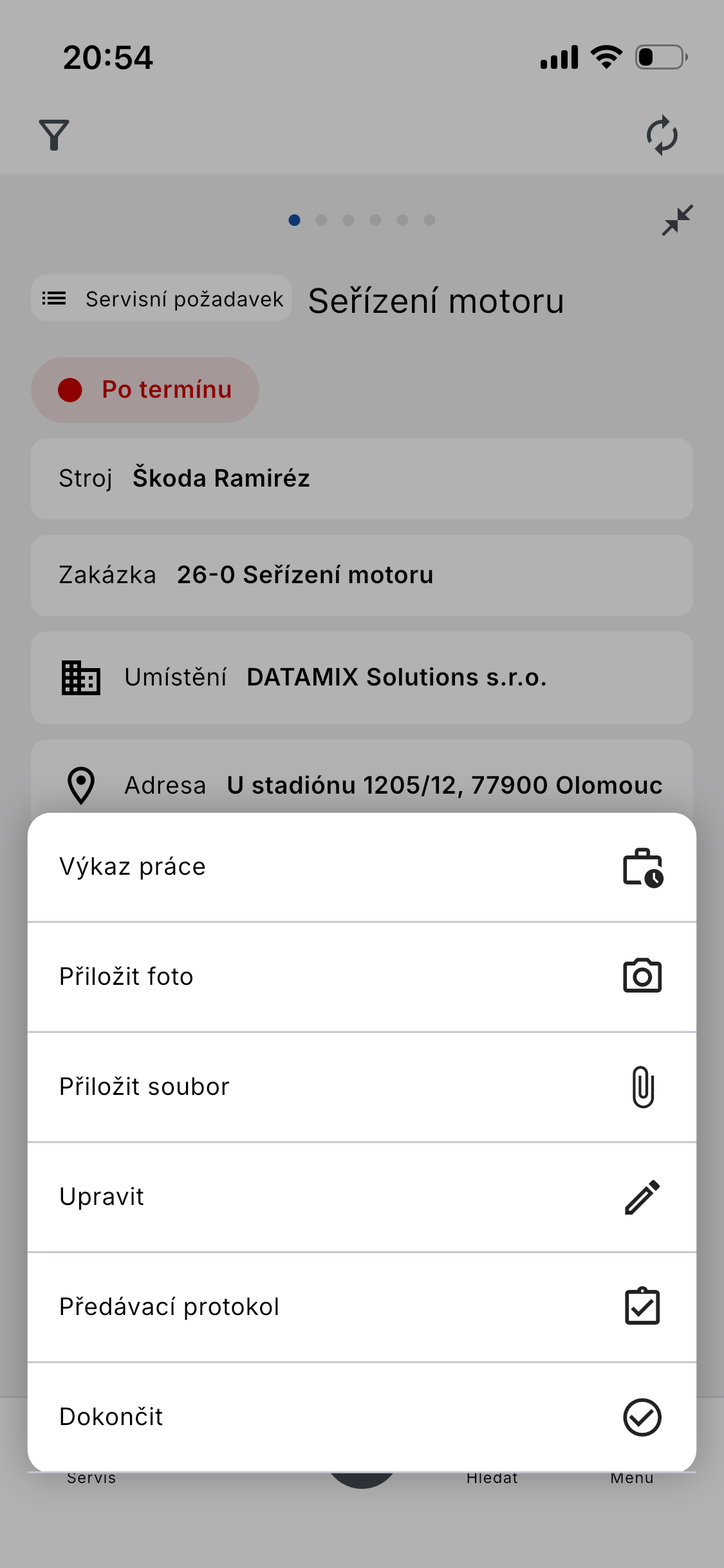 Volba předávacího protokolu v menu nad servisním požadavkem v ADAPTY