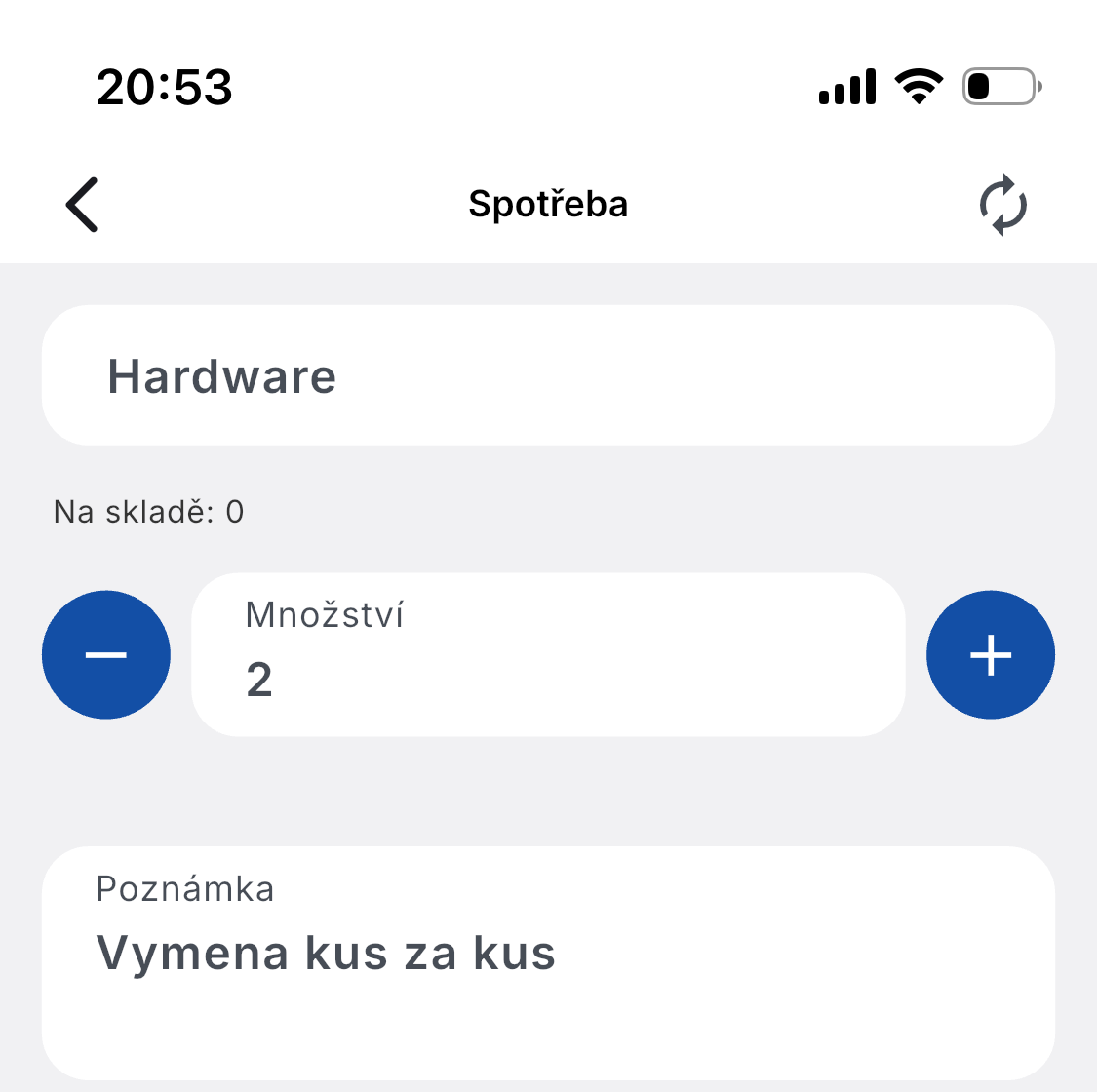 Zadání spotřeby materiálu v ADAPTY — položka, skladová dostupnost, množství a poznámka